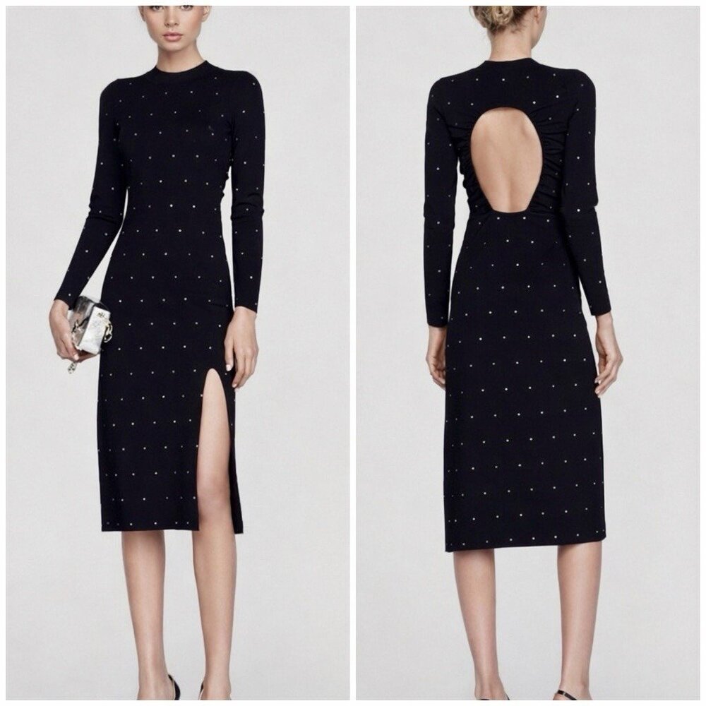 Sandro Tijuana Rhinestone Open Back Midi Dress Black Slit Bodycon Knit XS 34 0 - Picture 1 of 10